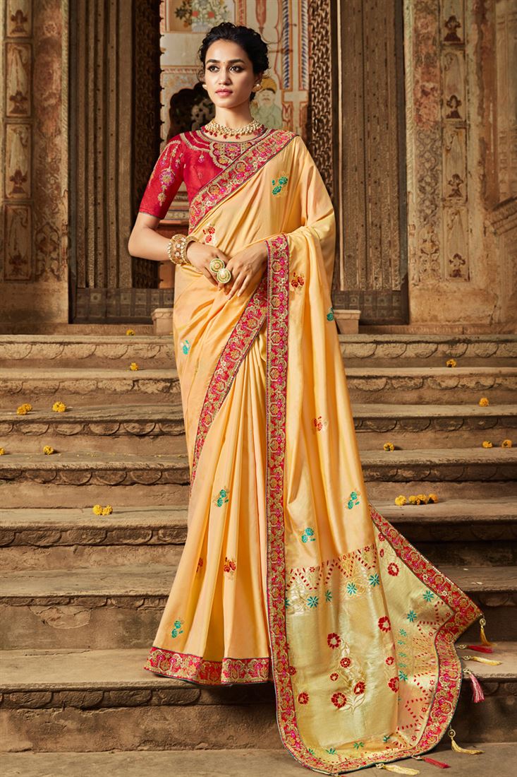 Cream Jacquard Silk Embroidered Saree Sarees Designer Collection
