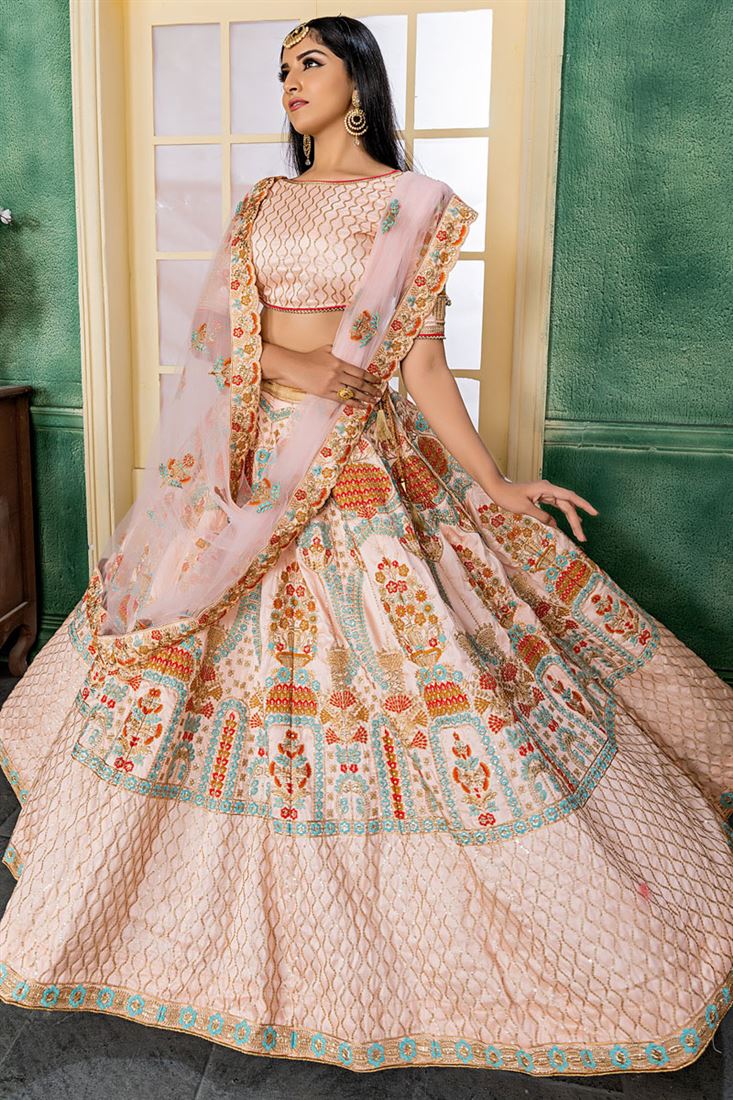 Peach Sangeet Wear Art Silk Lehenga Choli Lehengas Designer Collection