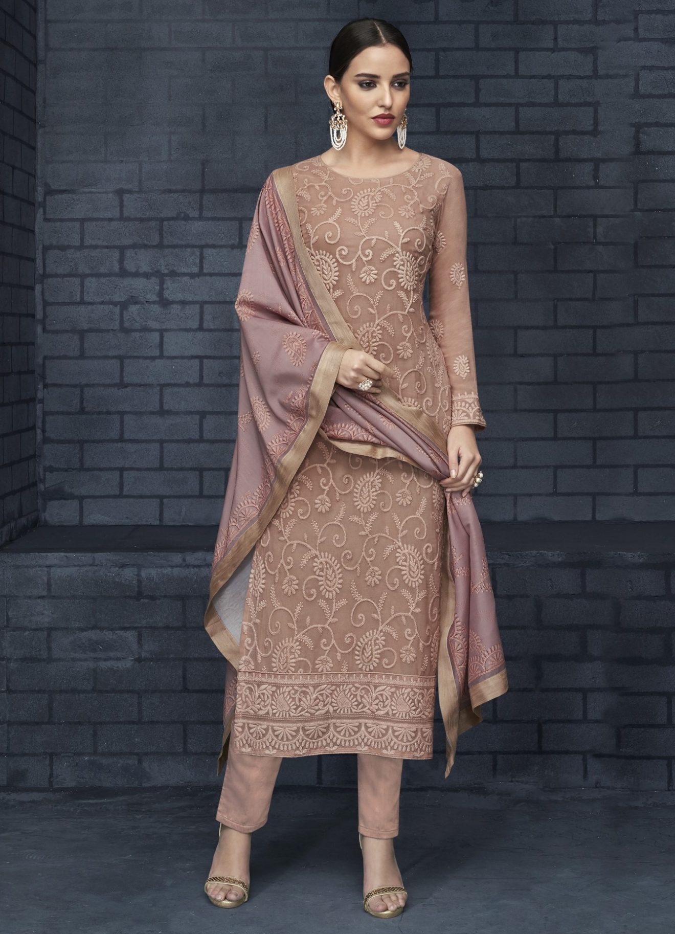 Mauve Readymade Straight Cut Pant Suit Readymade Outfits, Salwar