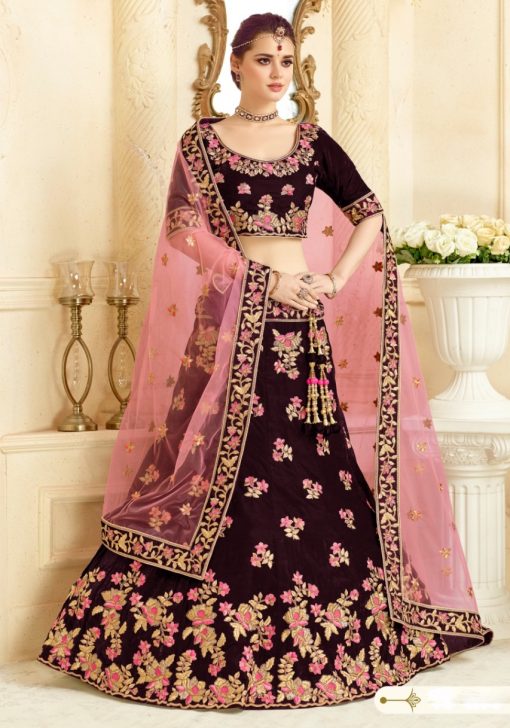 Dark Wine Velvet Bridal Lehenga Choli Lehengas Designer Collection