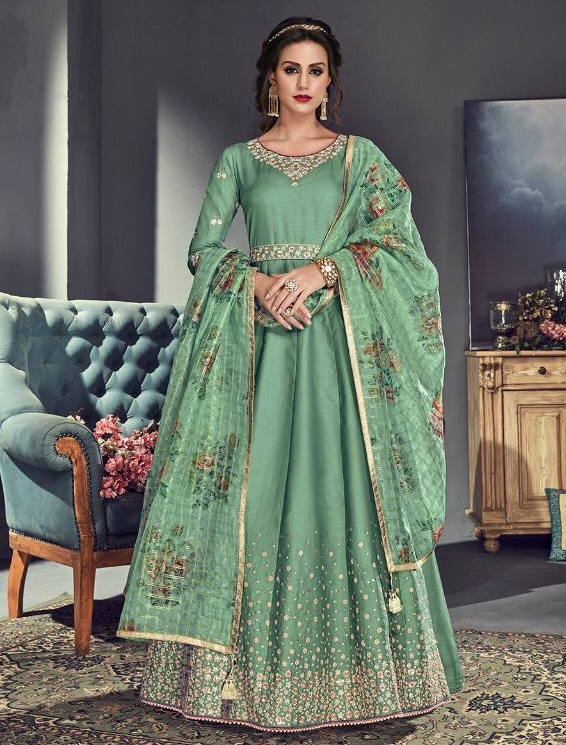 Light Green Silk Floor Length Anarkali Suit Salwar Kameez Designer
