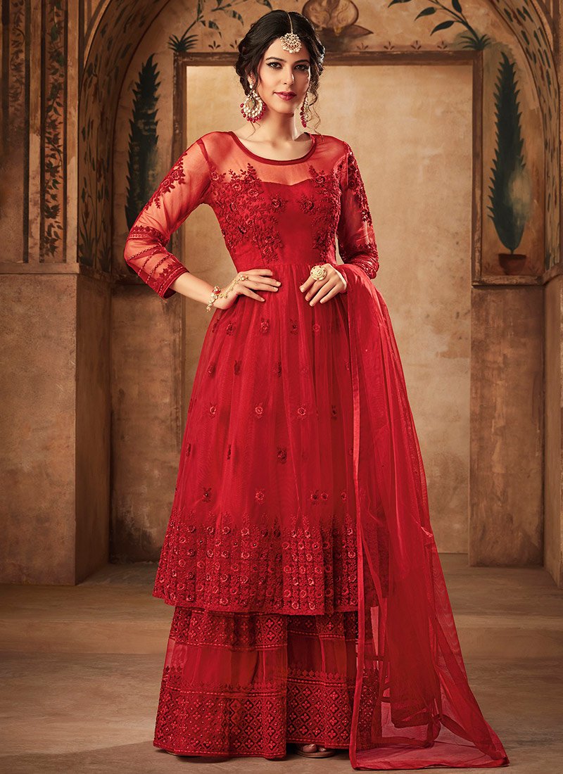 Red Frock Style Sharara Suit Salwar Kameez Designer Collection Red Frock Style Sharara Suit Salwar Kameez Designer Collection