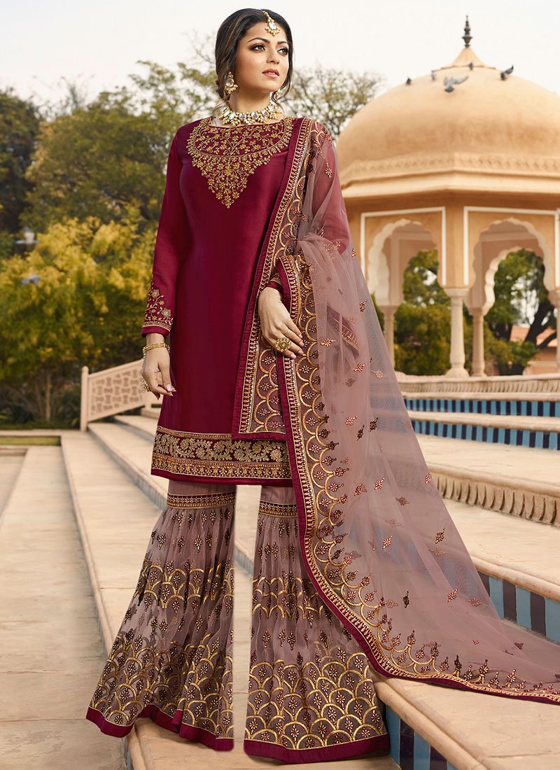 Wine Faux Georgette Sharara Suit - Salwar Kameez Designer Collection