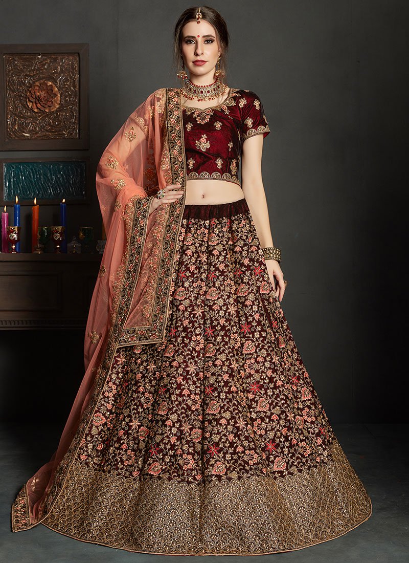 Wine Velvet Embroidered Lehenga Choli Lehengas Designer Collection