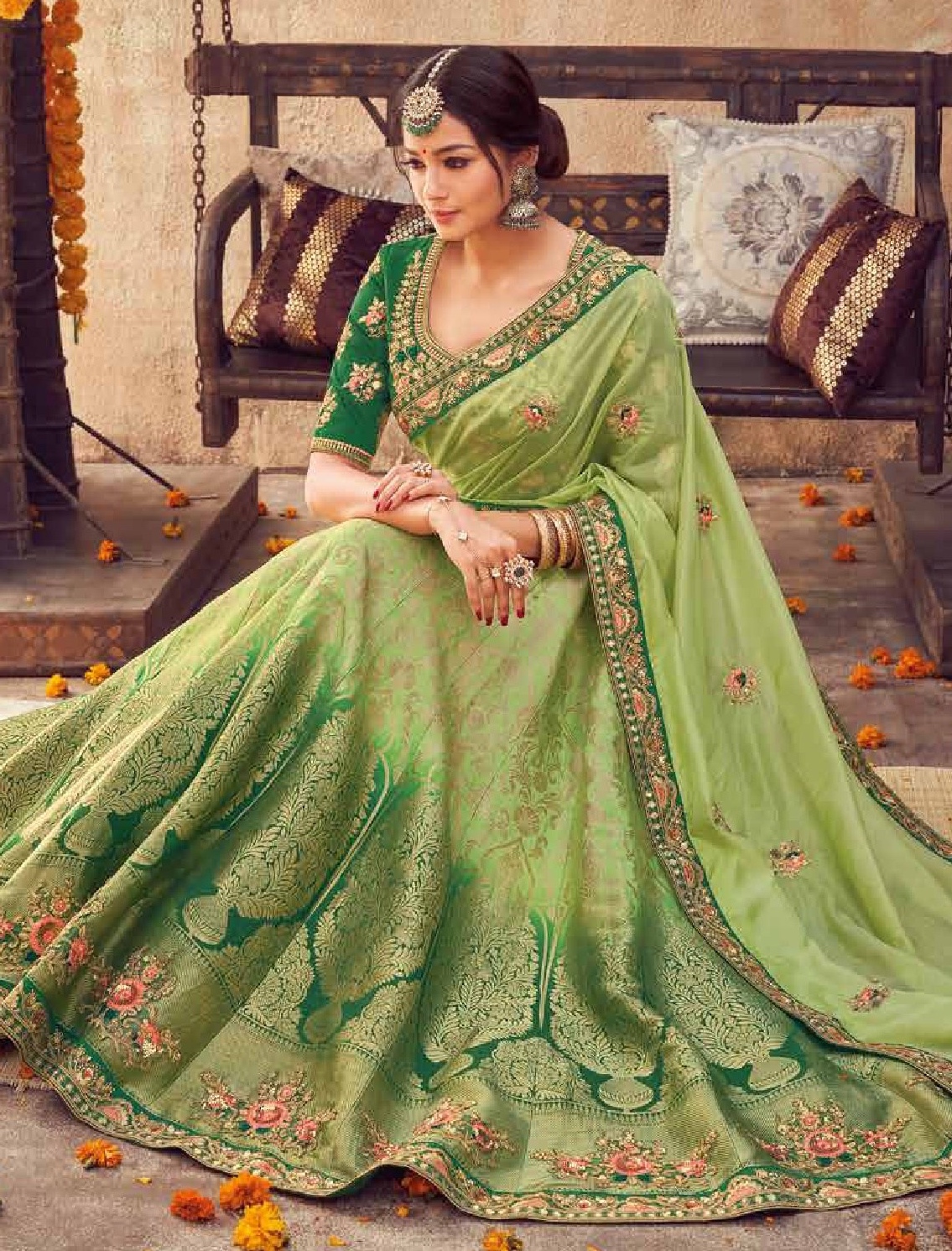 Green Banarasi Silk Wedding Wear Lehenga Choli - Lehengas Designer Collection