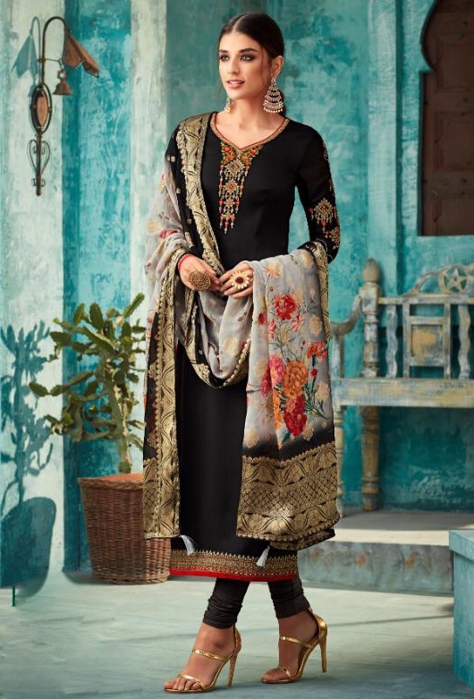 Black Satin Churidar Suit With Banarasi Dupatta Salwar