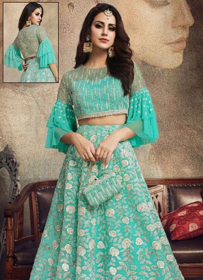 Turquoise Blue Designer Frill Sleeve Lehenga Choli Lehengas Designer