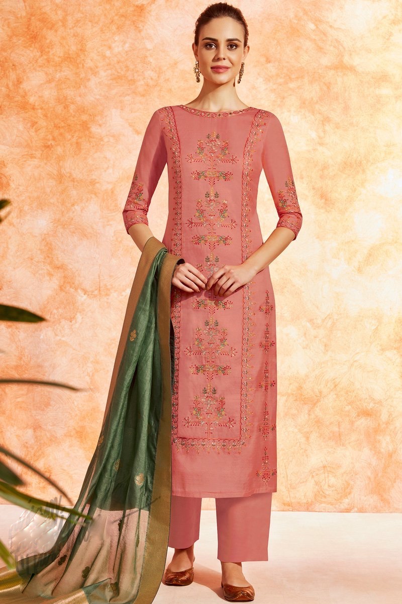 Pink Dola Silk Embroidered Straight Cut Pant Suit Salwar Kameez