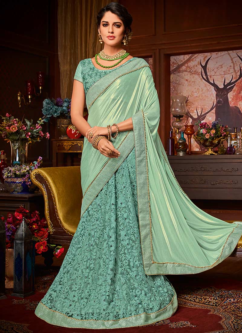 Mint Green Shimmer Net Lehenga Saree Sarees Designer Collection