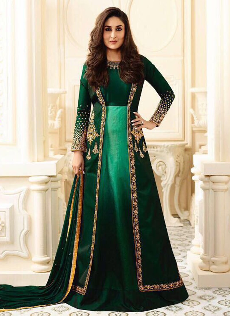 Kareena Kapoor Green Art Silk Anarkali Suit | Salwar Kameez Designer Collection