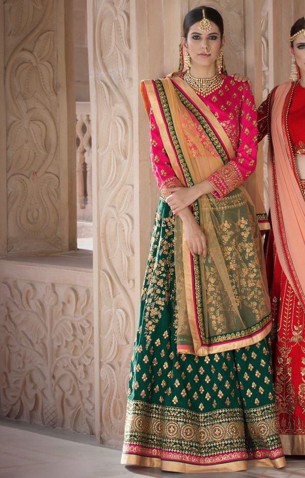 Dulhan Red and Green Bangalori Silk Lehenga Choli Lehengas Designer