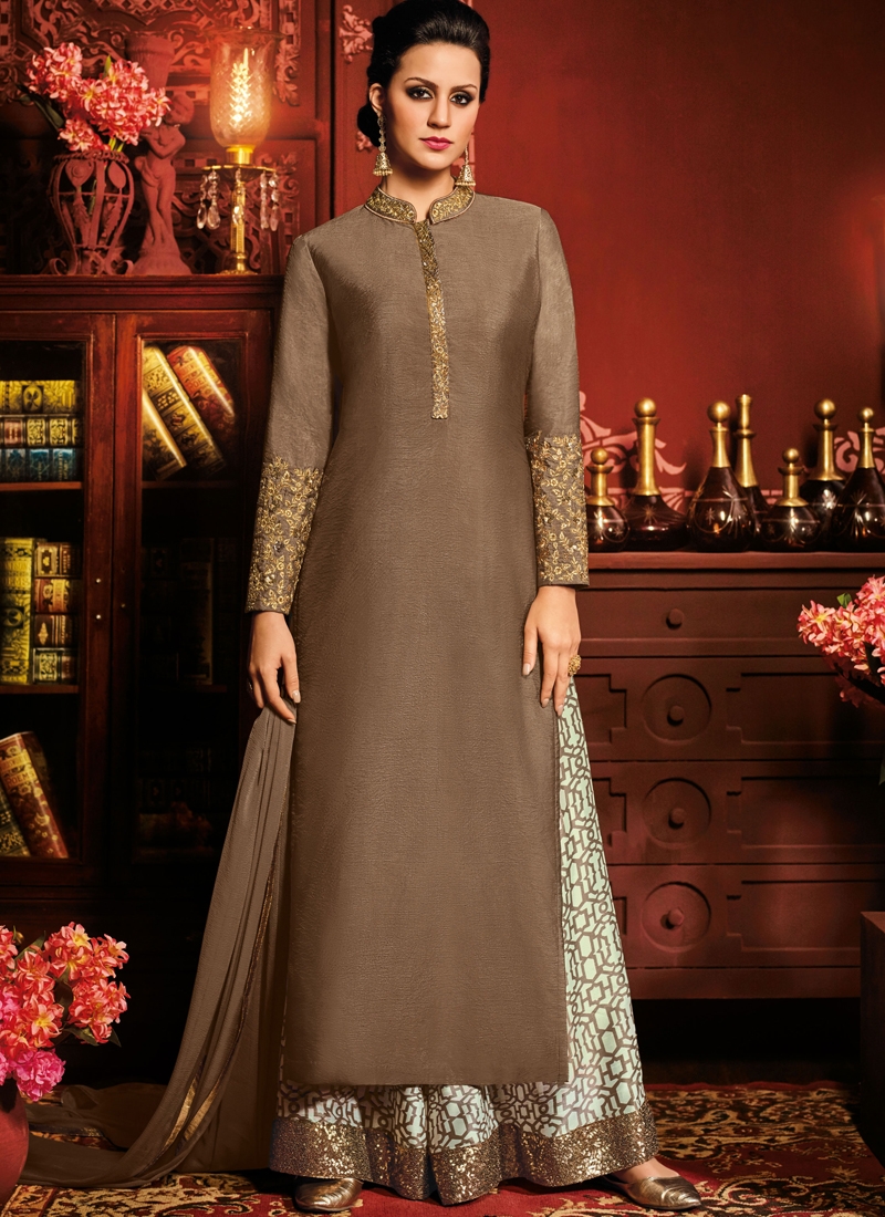 Brown Silk Palazzo Suit - Salwar Kameez Designer Collection