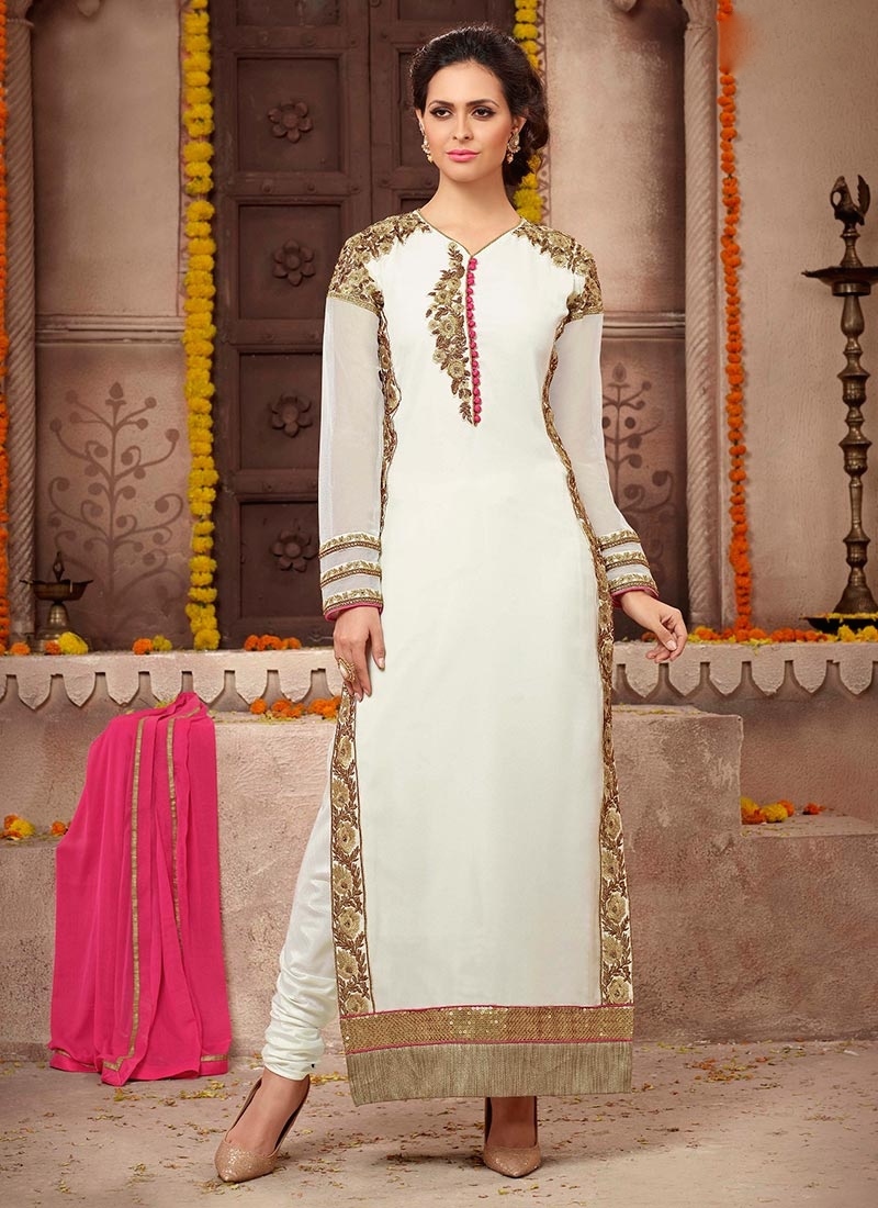 White Faux Straight Cut Churidar Suit Salwar Kameez
