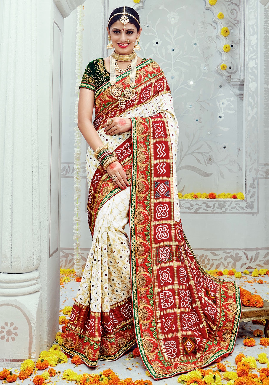 Off Whute Banaras Silk Mirror Work Saree Sarees Designer Collection