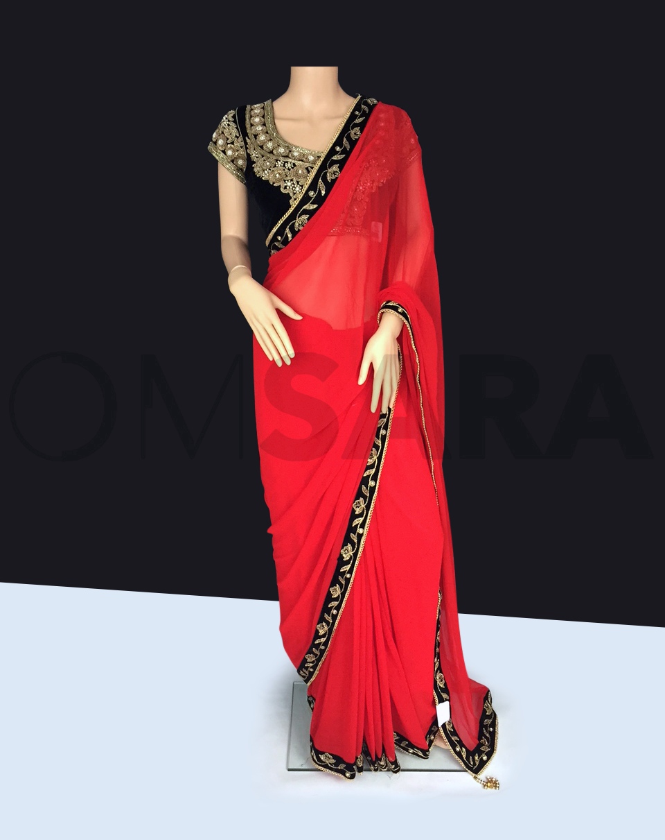 Red Chiffon Saree With Readymade Blouse Ready To Ship