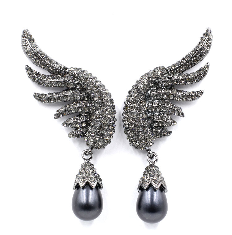 Black Crystal Wing Pearl Drop Earrings Earrings Designer Collection