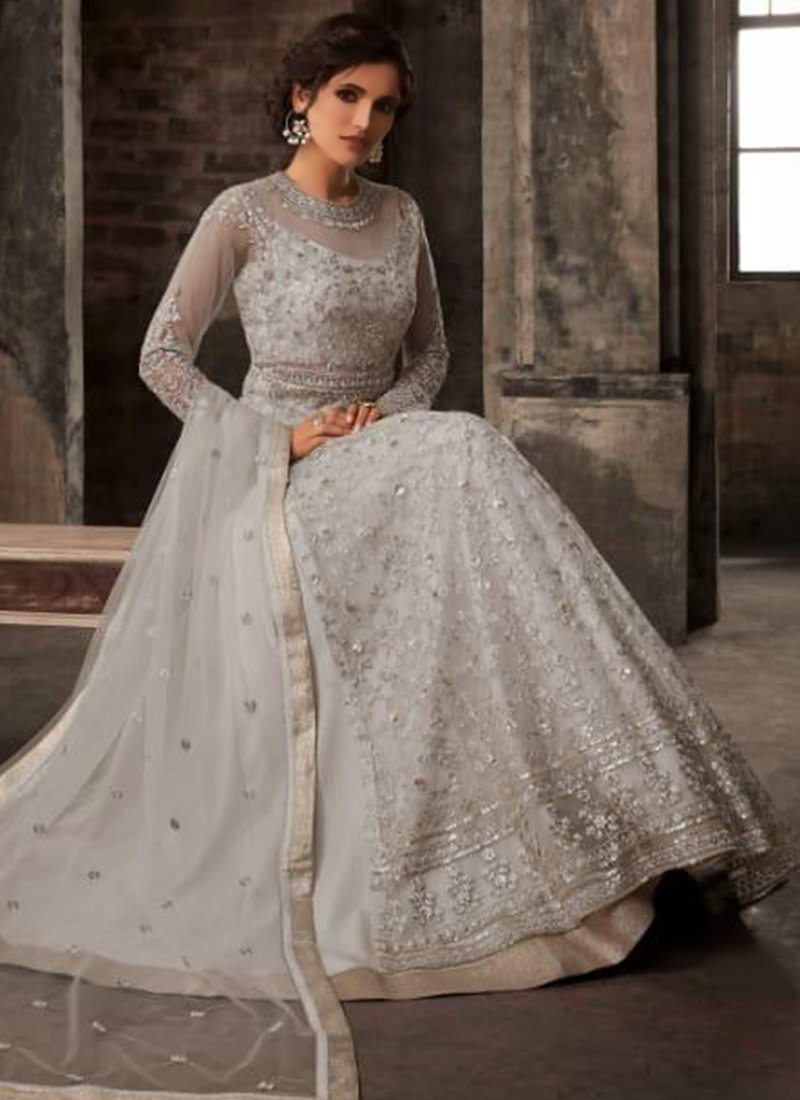 Light Grey Net Long Anarkali Lehenga Choli Lehengas Designer Collection