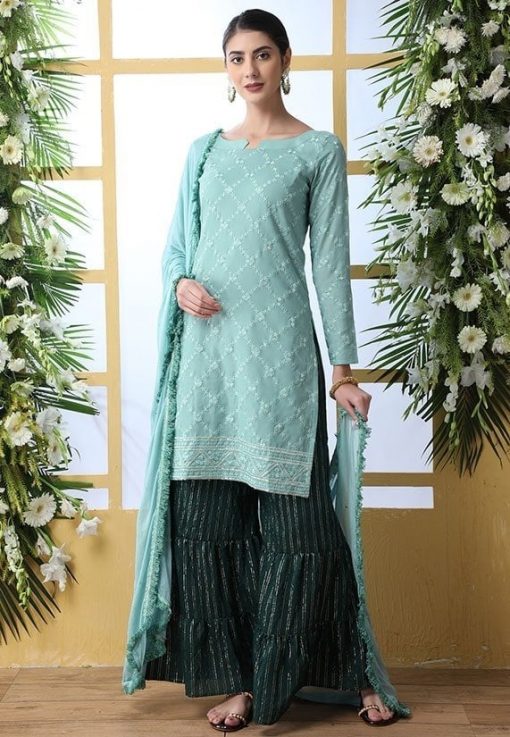 Mint Green Soft Cotton Sharara Suit Salwar Kameez Designer Collection