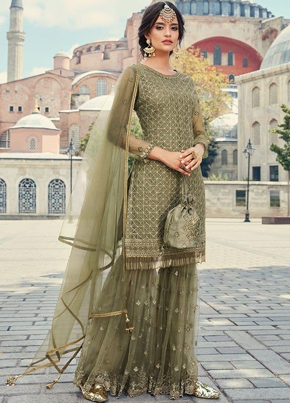 Khaki Net Embroidered Sharara Suit - Ready To Ship, Sale, Salwar Kameez Designer Collection
