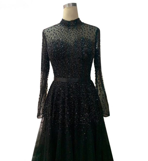 Huda Black High Neck A-line Beaded Evening Dress - Evening Dresses, Made To Order Designer 