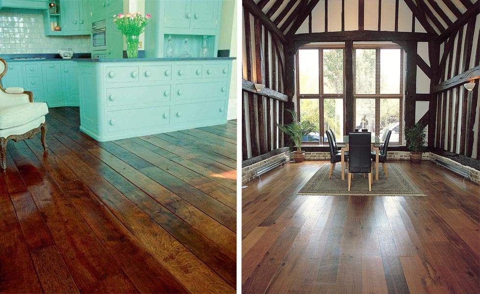These reclaimed antique oak boards from LASSCO; New Burnt Oak floorboards by Victorian Woodworks