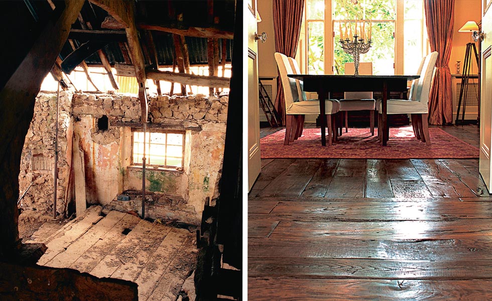 Original floorboards within a 14th-century building; Antique sawn boards from Victorian Woodworks