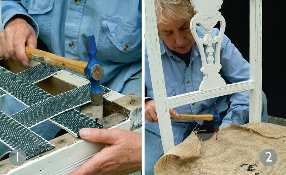 Fix the jute webbing; Attach first sheet of hessian