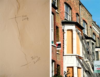 Where structural issues are suspected it is important to keep an eye on the situation over time; Cracks at the junction between a bay window and the rest of the building indicate that the window is poorly tied to the main structure A large crack in a plaster wall; Cracks at the join between a bay window and the rest of the building