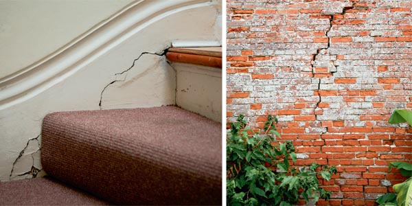 Cracks such as these on a staircase should be monitored in case the damage spreads; Large cracks in brickwork should be investigated before the problem serious Carcks on a staircase; Large cracks in brickwork