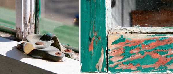 Rattling sashes drawn tighter together with a cam action fastener; A weathered window sill A cam action fastener on sash windows; A weathered window sill