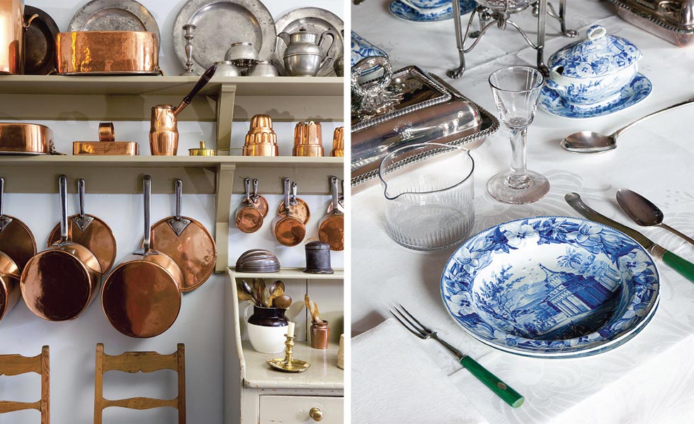 Copper pots and pans; a typical table setting
