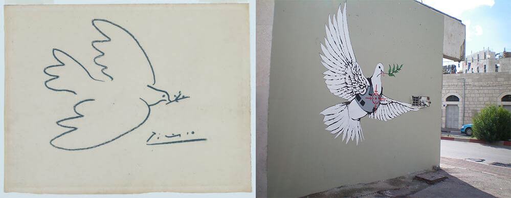 Pablo Ruiz Picasso (1881-1973), A pomba da paz (c. 1950), Museu de arte moderna da cidade de Paris, Paris, France. | Banksy (1974- ), A pomba da paz de colete anti-balas (2007), Graffiti no muro junto ao “Túmulo de Raquel”, Belém, Cisjordânia.