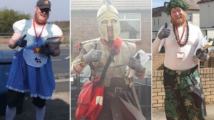 This postman is doing his rounds in fancy dress to lift people’s spirits
