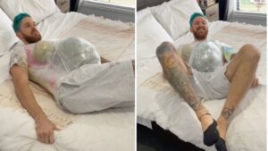 Man simulates being pregnant and can’t even get out of bed