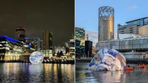 Floating Earth is BACK at Salford Quays as the bad weather subsides after storms Arwen and Barra