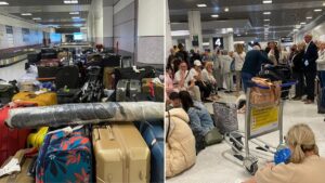 New photos show ‘chaotic scenes’ as abandoned luggage piles up at Manchester Airport