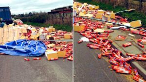 Thousands of McVitie’s biscuits spill over road after lorry overturns