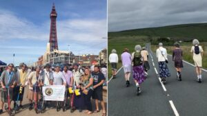 Men dressed as grannies are racing to Blackpool on scooters to raise money for disabled schoolgirl