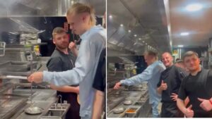 Erling Haaland spotted cooking his own steak in silk pyjamas at swanky restaurant