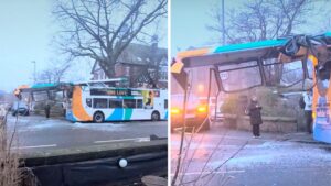 Roof of double decker bus ripped off during morning commute with road closed