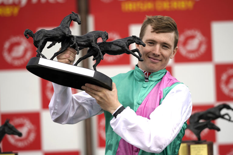 Colin Keane after winning the Dubai Duty Free Irish Derby in 2022 aboard Westover