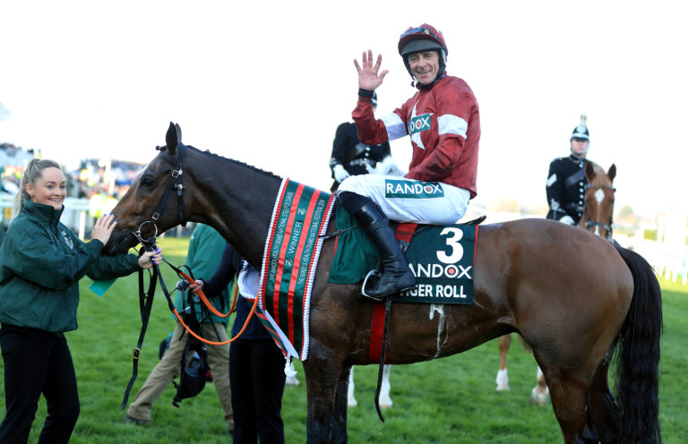 Davy Russell celebrates Tiger Roll's second National victory
