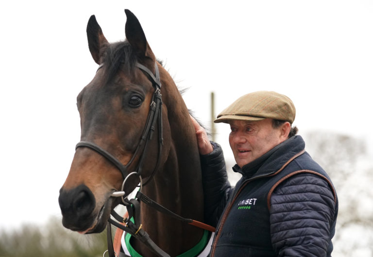 Nicky Henderson and Epatante during the visit to Nicky Henderson's yard at Seven Barrows in Lambourn, Berkshire