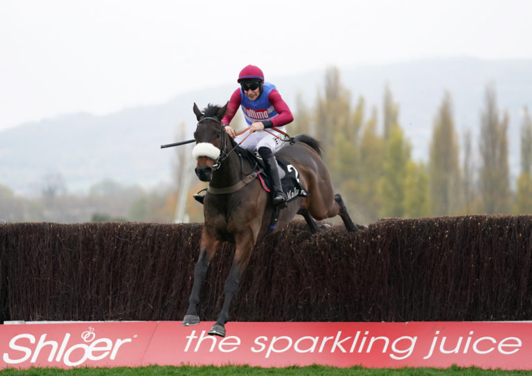 Adrian Heskin riding Threeunderthrufive on their way to winning the mallardjewellers.com Novices' Chase during day three of the November Meeting at Cheltenham Racecourse in November 2021