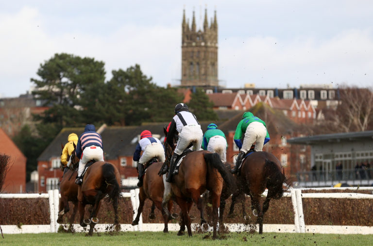 Givega (left) was one of the runners in action during The Ballymore Leamington Novices' Hurdle at Warwick