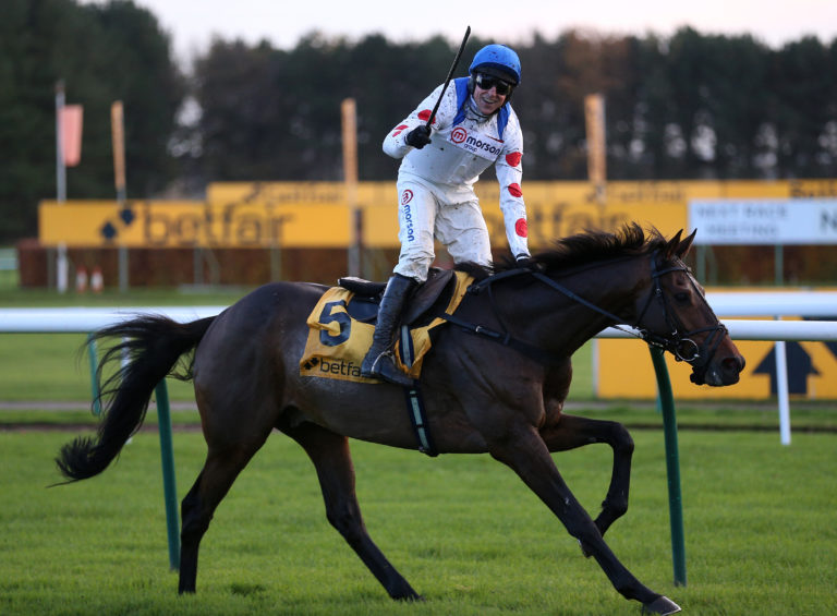Harry Skelton celebrates winning the Betfair Chase with Protektorat at Haydock