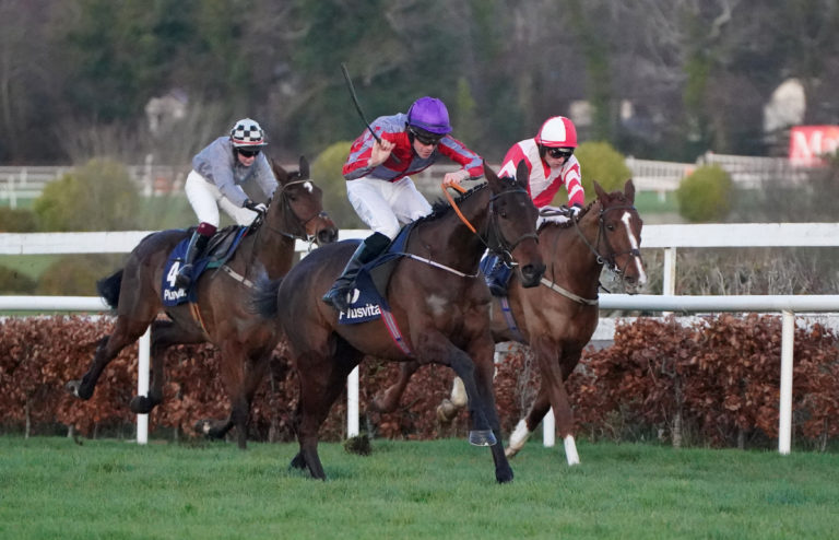 Special Cadeau (grey, rear) finishes third to Fascile Mode (centre) in the Plusvital INH Flat Race during day four of the Leopardstown Christmas Festival at Leopardstown Racecourse