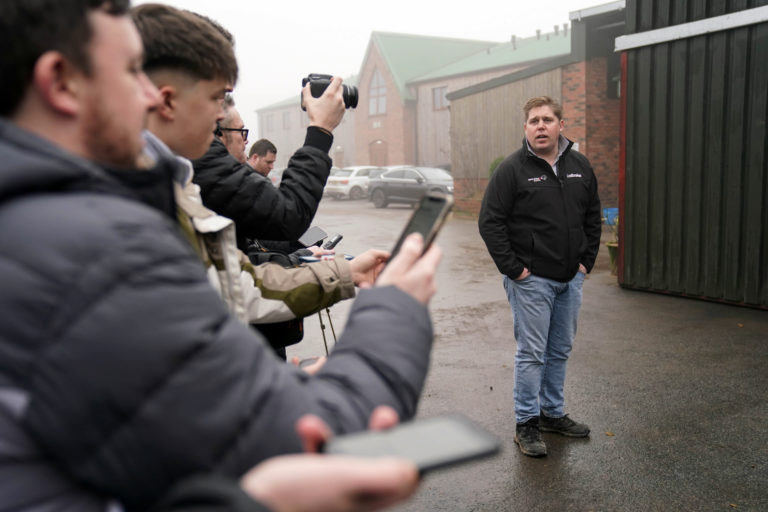 Dan Skelton talks to media during a visit to his stables at Lodge Hill, Alcester