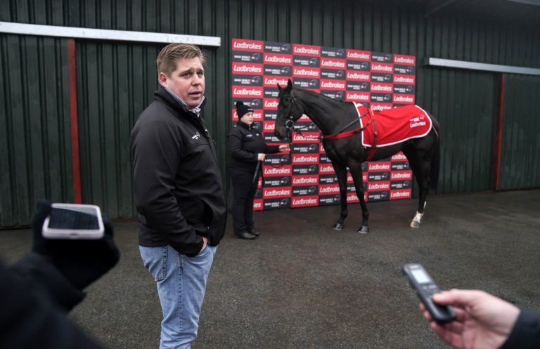 Dan Skelton talks to media alongside Third Time Lucki, during a visit to Dan Skelton's stables at Lodge Hill, Alcester