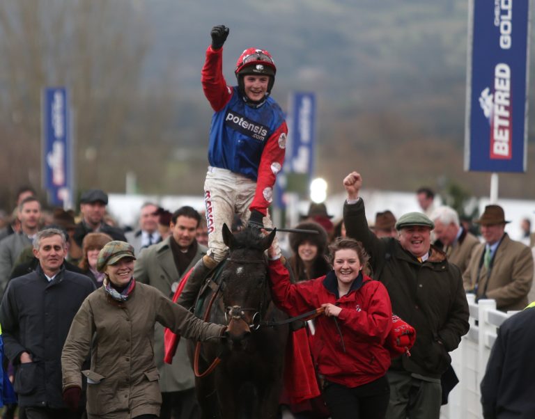 Harry Derham celebrates winning the Martin Pipe Conditional Jockeys' Handicap Hurdle on Salubrious at the Cheltenham Festival in 2013